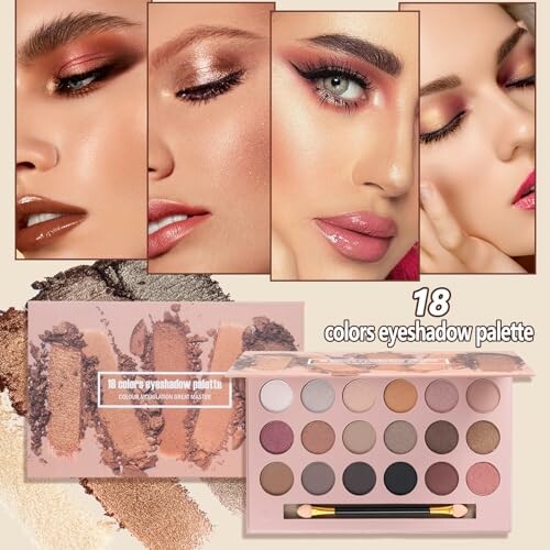 Collage of colorful eye makeup and 18-color eyeshadow palette with brush.