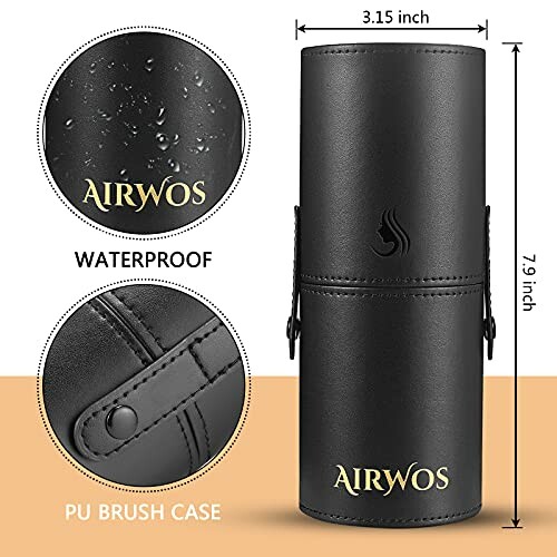 Airwos waterproof PU brush case, black with dimensions 3.15 by 7.9 inches.