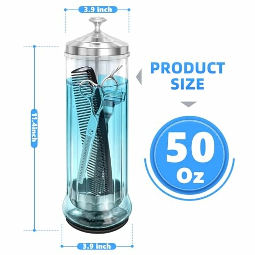 Barber disinfectant jar with combs and scissors, 50 oz size.