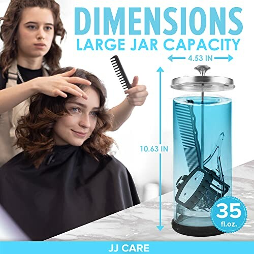 Barber using a large jar for disinfection with dimensions labeled.