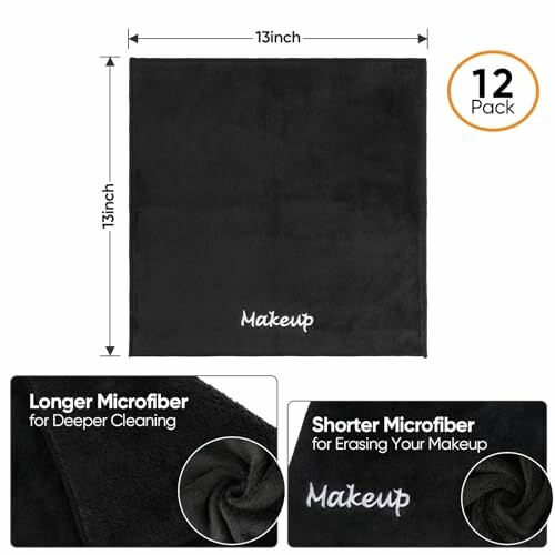 Black microfiber makeup removal cloth with size and texture details.
