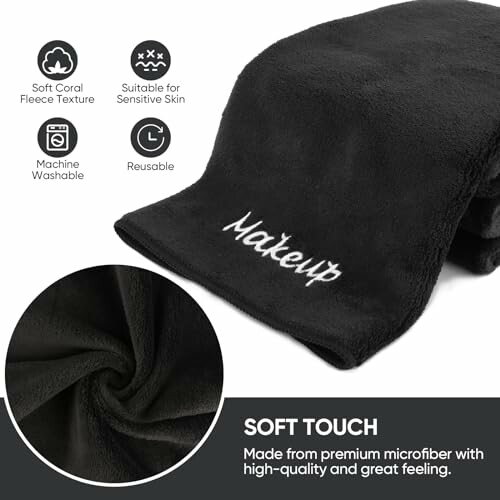 Black microfiber makeup towel with soft coral fleece texture, suitable for sensitive skin, machine washable, reusable.