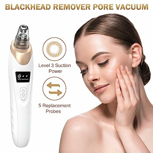 Blackhead remover pore vacuum with features and woman using device.