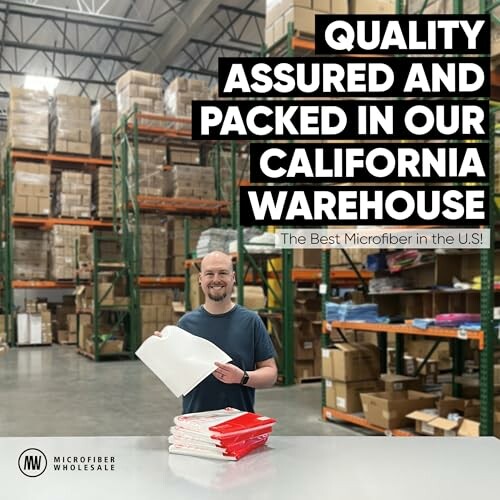 Man holding microfiber products in a warehouse with text about quality assurance.