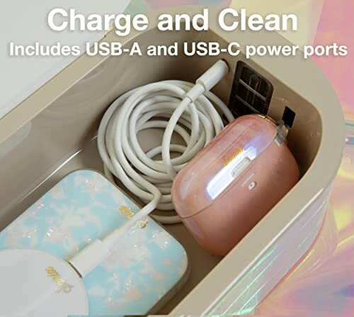 Charging station with USB-A and USB-C ports containing cables and a pink case