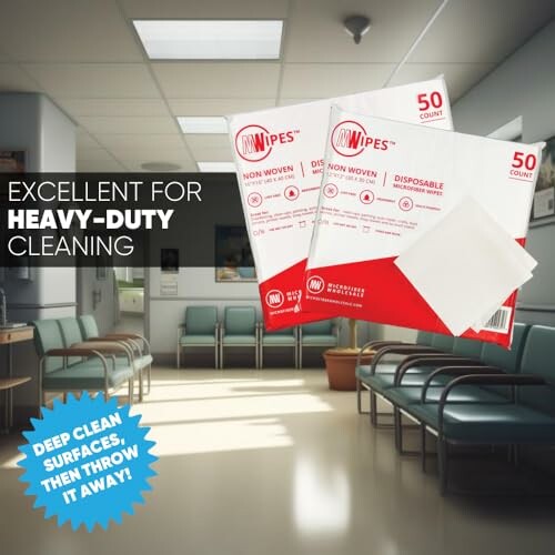 Advertisement for heavy-duty cleaning wipes in a waiting room.