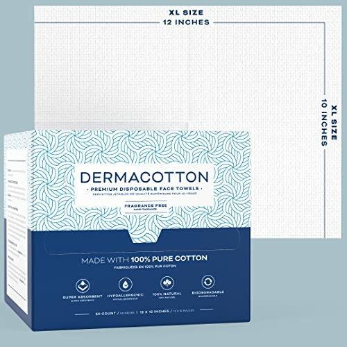 Dermacotton disposable face towels packaging with size dimensions.