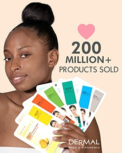 Woman holding Dermal face masks with 200 million products sold.
