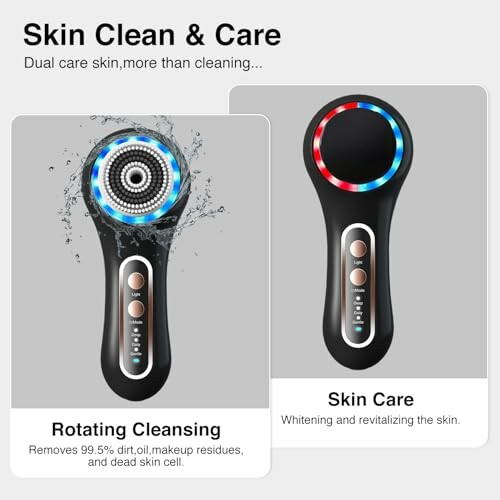 Dual-action skin care device for cleansing and revitalizing.