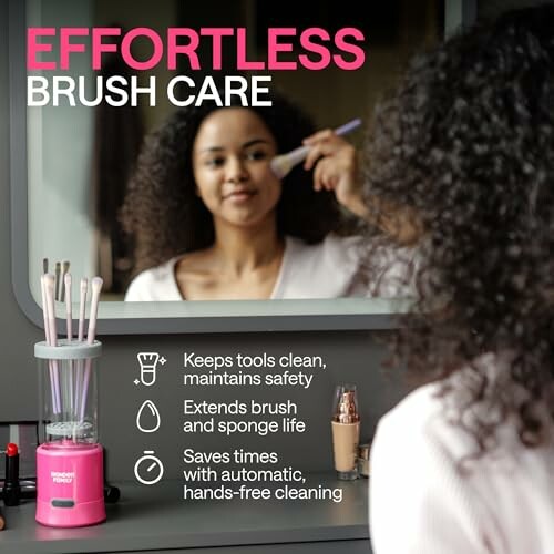 Woman using automatic brush cleaner with mirror reflection