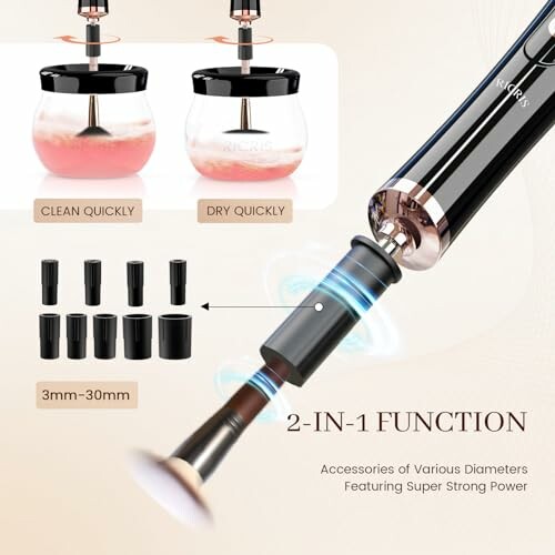Electric cleaning brush with various accessories for quick cleaning and drying.