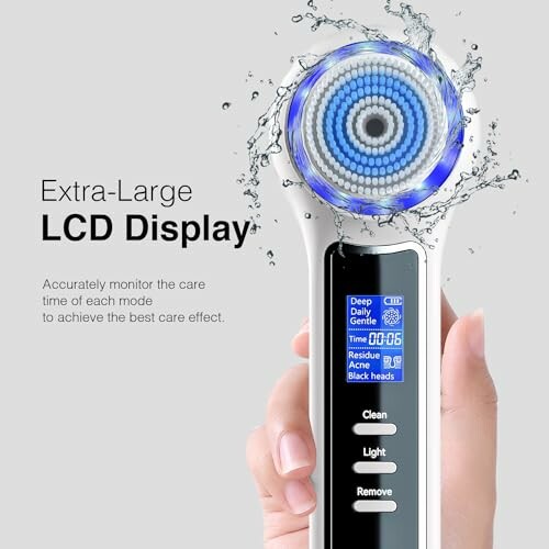 Electric facial brush with extra-large LCD display showing various modes.