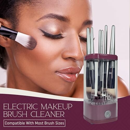Woman using an electric makeup brush cleaner.