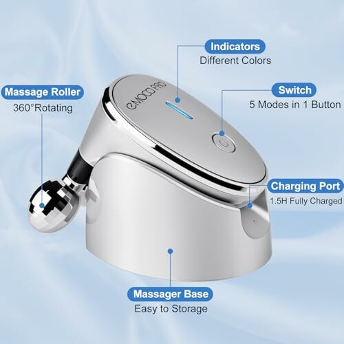 Electric massager device with rotating roller and charging port.