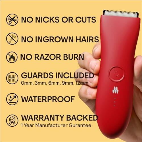 Red electric trimmer with features listed: no nicks, no ingrown hairs, no razor burn, guards included, waterproof, warranty backed.