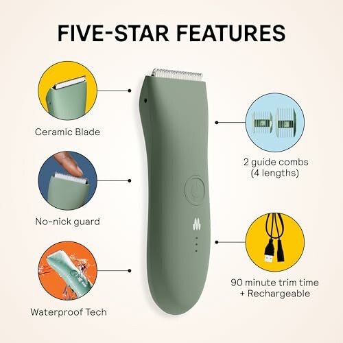 Electric trimmer with ceramic blade, no-nick guard, waterproof tech, 2 guide combs, 90-minute trim time, rechargeable.