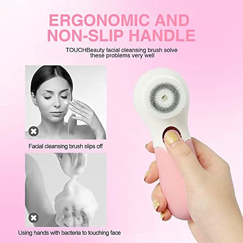 Facial cleansing brush with ergonomic and non-slip handle.