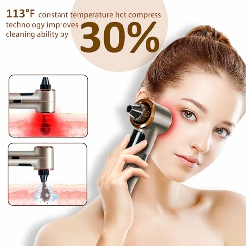 Woman using facial massage device with hot compress technology.