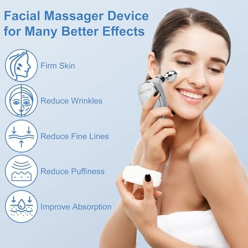 Woman using a facial massager device with listed benefits.