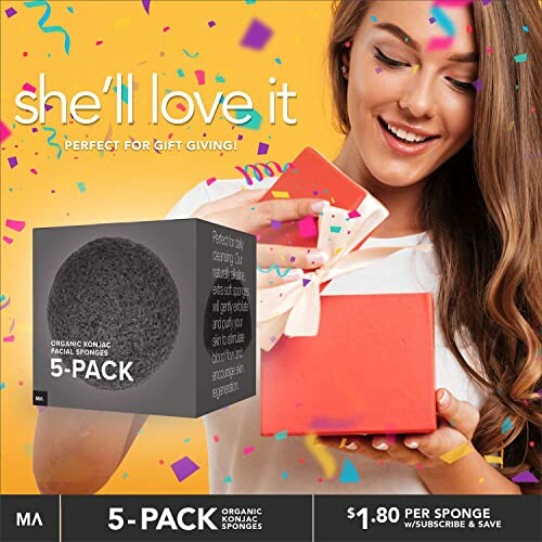 Woman opening gift with organic konjac sponges, colorful confetti