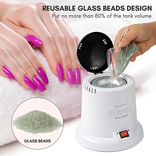 Reusable glass beads nail tool sterilizer with pink manicured nails and glass beads