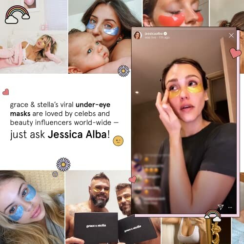 Collage of people using Grace & Stella under-eye masks, featuring a woman applying a mask.