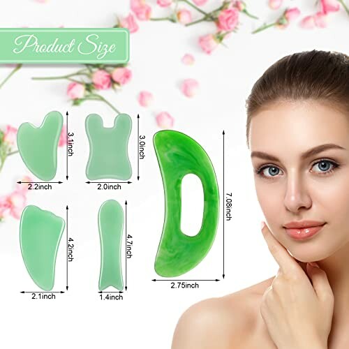 Various green gua sha tools with dimensions and a woman's face.