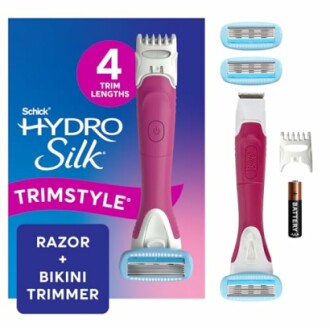 Schick Hydro Silk TrimStyle razor and bikini trimmer set with four trim lengths and battery.