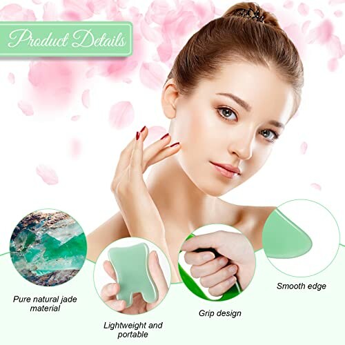 Woman using jade massage tool with product details.