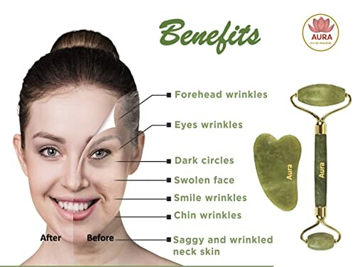 Woman showing jade roller benefits on skin with labeled areas.