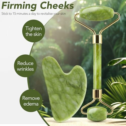 Jade roller and gua sha for firming cheeks and skincare