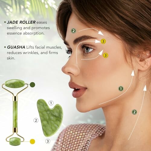 Woman using jade roller and guasha for facial massage