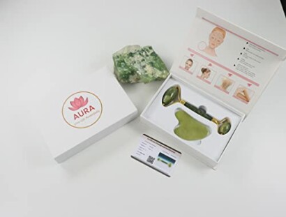 Jade roller set with instructions and packaging.