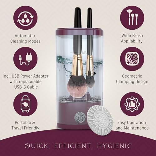 Makeup brush cleaner with features like automatic cleaning modes and easy maintenance.