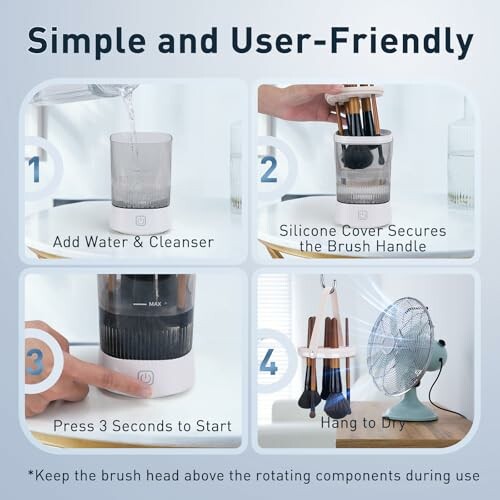 Steps to use a makeup brush cleaner device.