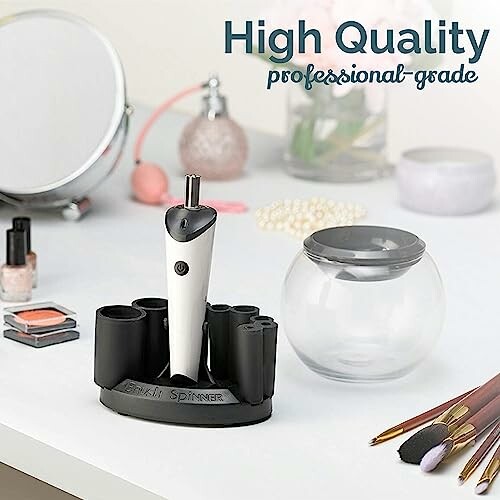 Makeup brush cleaner set with brushes and accessories on a vanity.