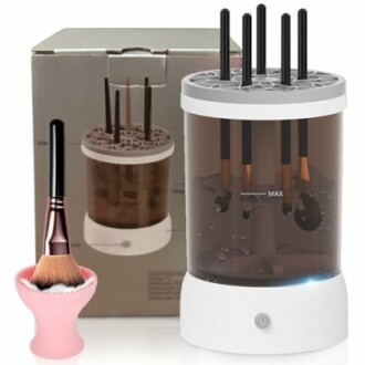 Electric makeup brush cleaner with drying stand and box.