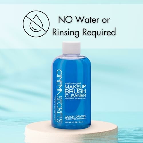 Cinema Secrets Makeup Brush Cleaner bottle with no water required text