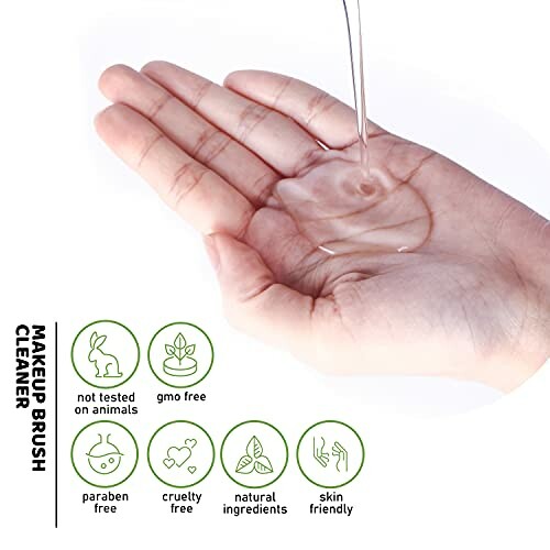 Hand with liquid makeup brush cleaner and eco-friendly icons.