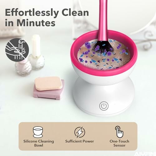 Automatic makeup brush cleaner with silicone bowl and one-touch sensor.