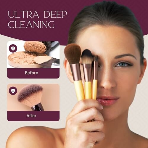 Woman holding makeup brushes with before and after cleaning images.