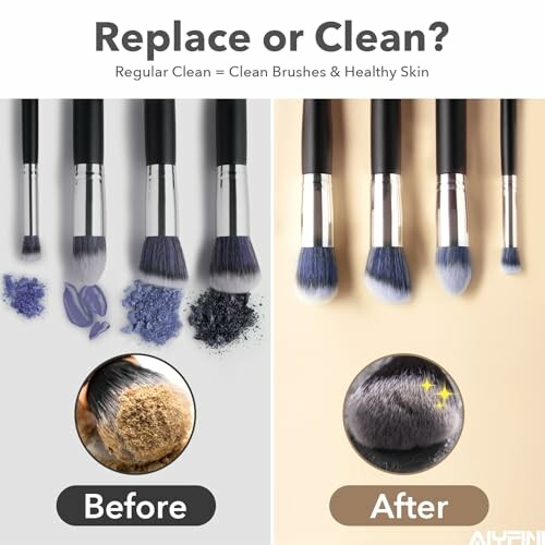 Comparison of makeup brushes before and after cleaning.
