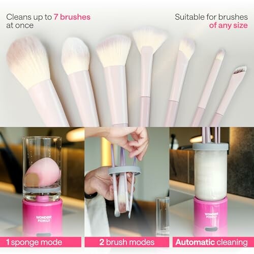 Makeup brush cleaning device with automatic modes for sponges and brushes.
