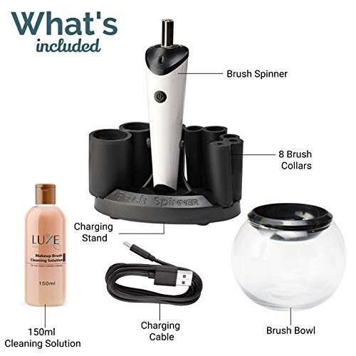Makeup brush cleaning set with brush spinner, charging stand, 8 brush collars, cleaning solution, charging cable, and brush bowl.