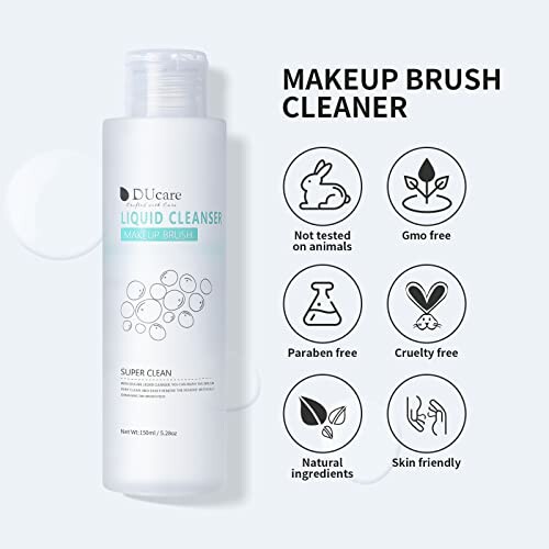 Makeup brush cleaner bottle with product features icons.
