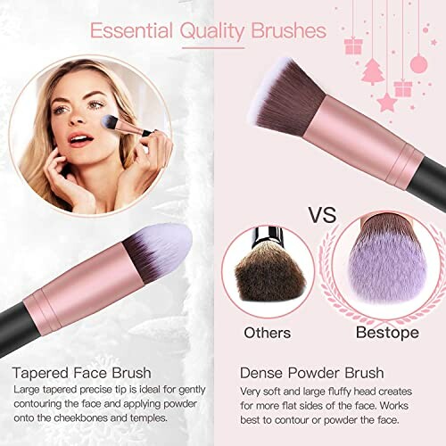 Comparison of tapered face brush and dense powder brush with usage tips.