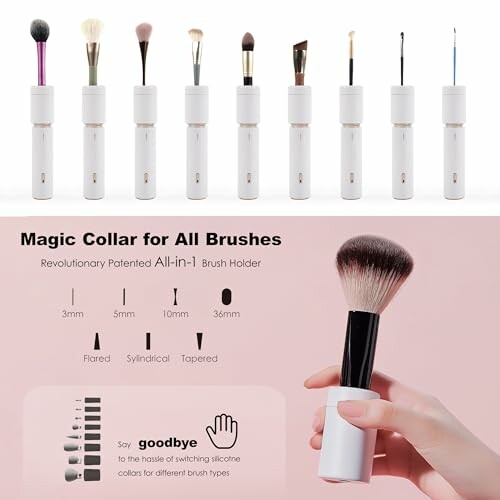 Set of makeup brushes with interchangeable holder featuring various brush sizes and types.
