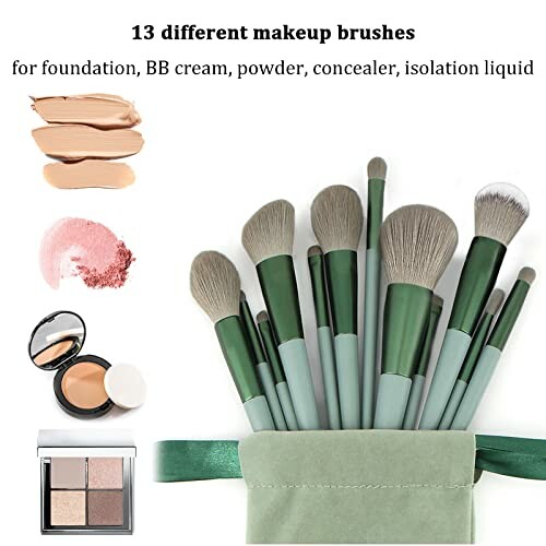 Set of 13 different makeup brushes with green handles and various makeup products.