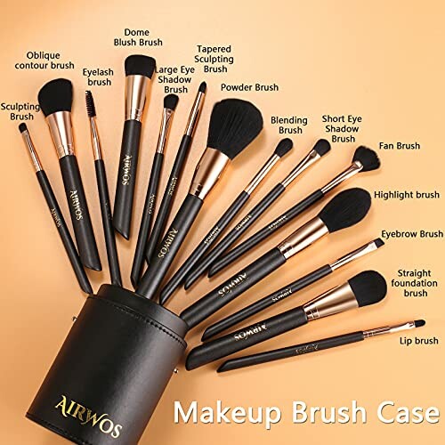 Set of various makeup brushes with case