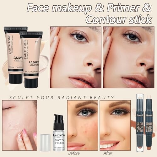 Face makeup products and before-after images showcasing primer and contour stick effects.